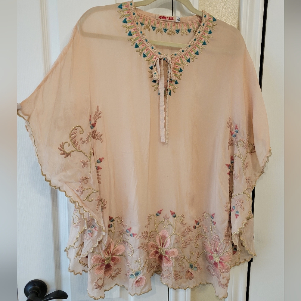 Johnny Was Antoinette Embroidered Poncho In Blush Women's Size Small Boho